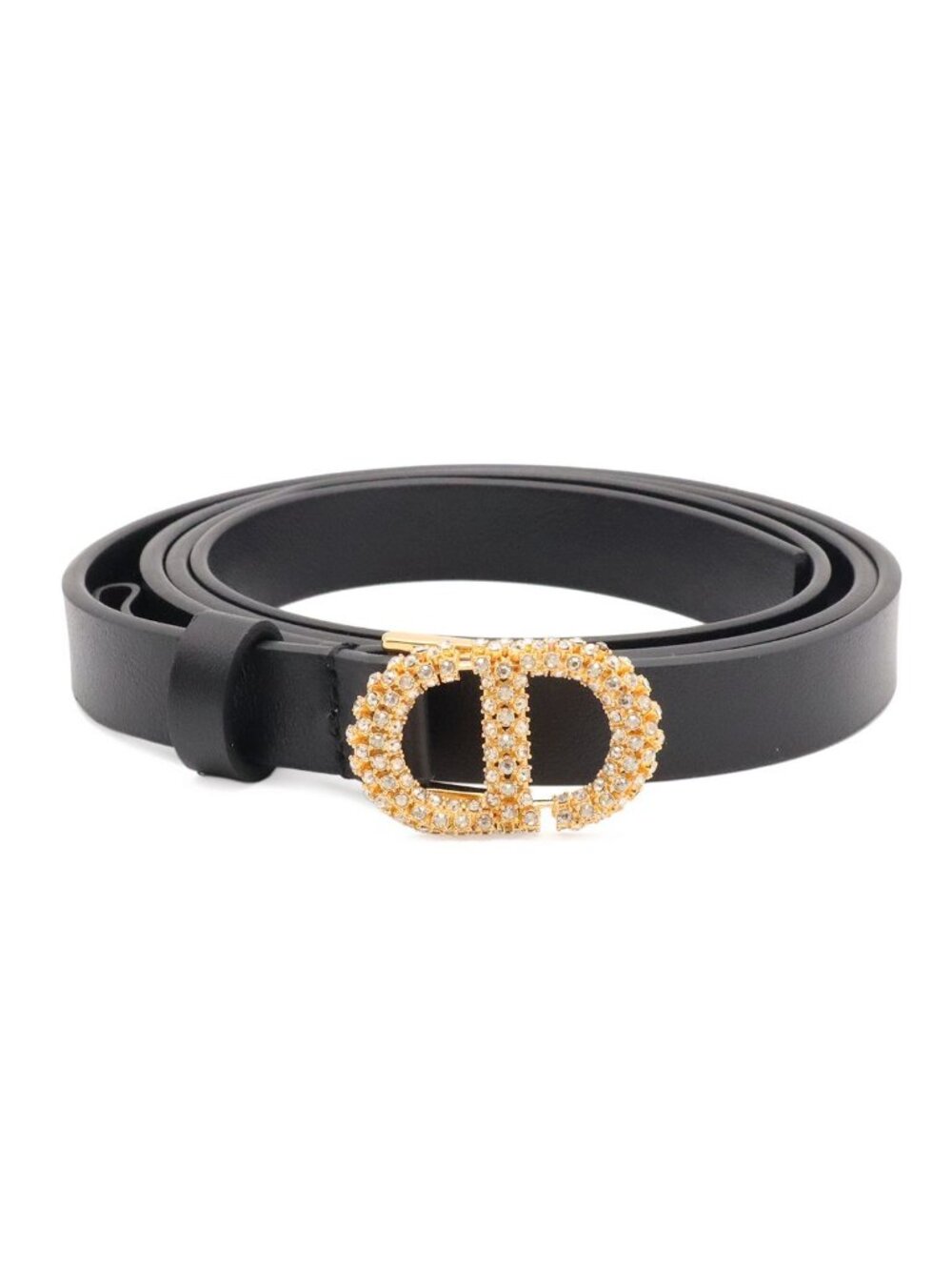 Dior Logo Rhinestone Narrow Belt Leather Black Gold 70
